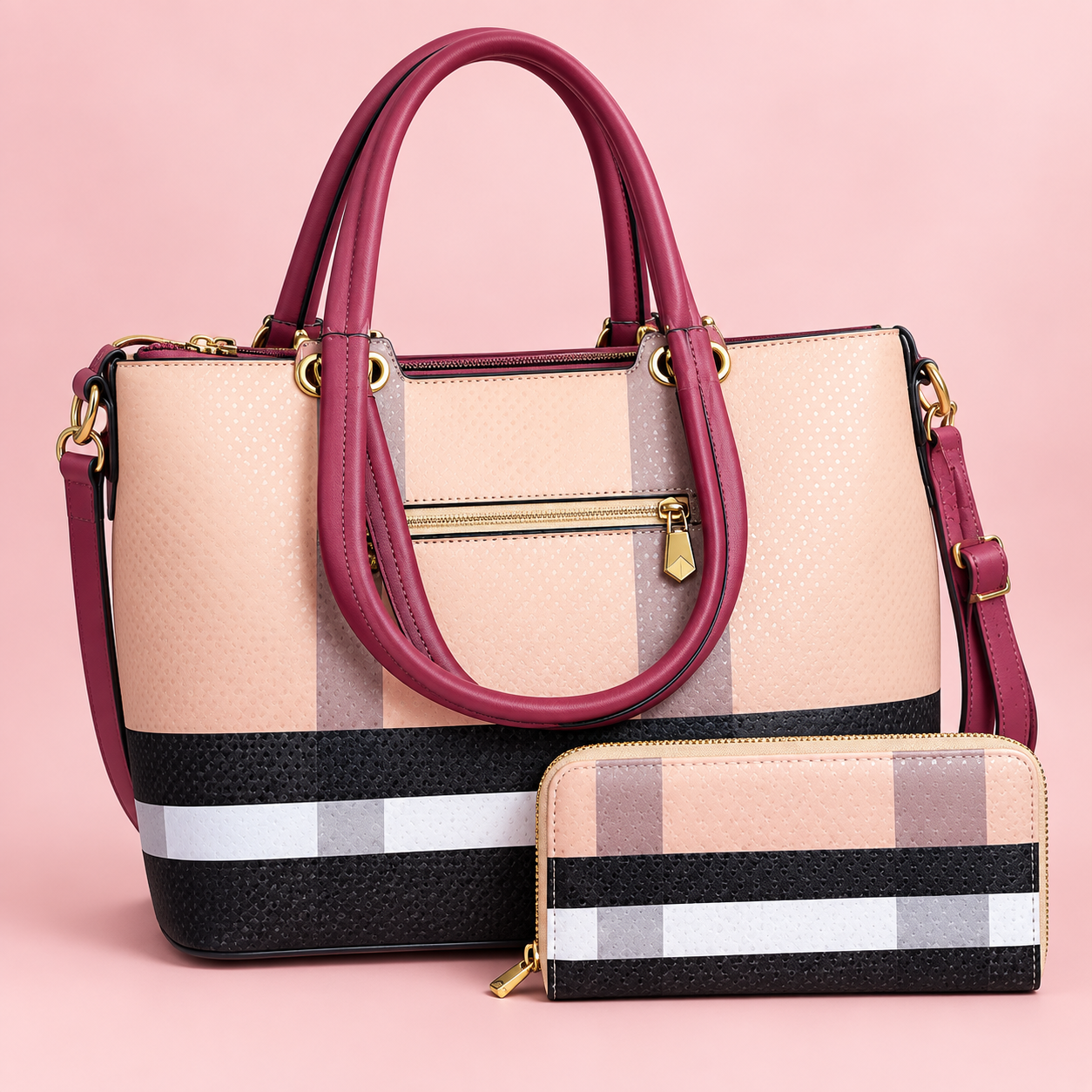 Pink black and cream plaid tote with matching wallet