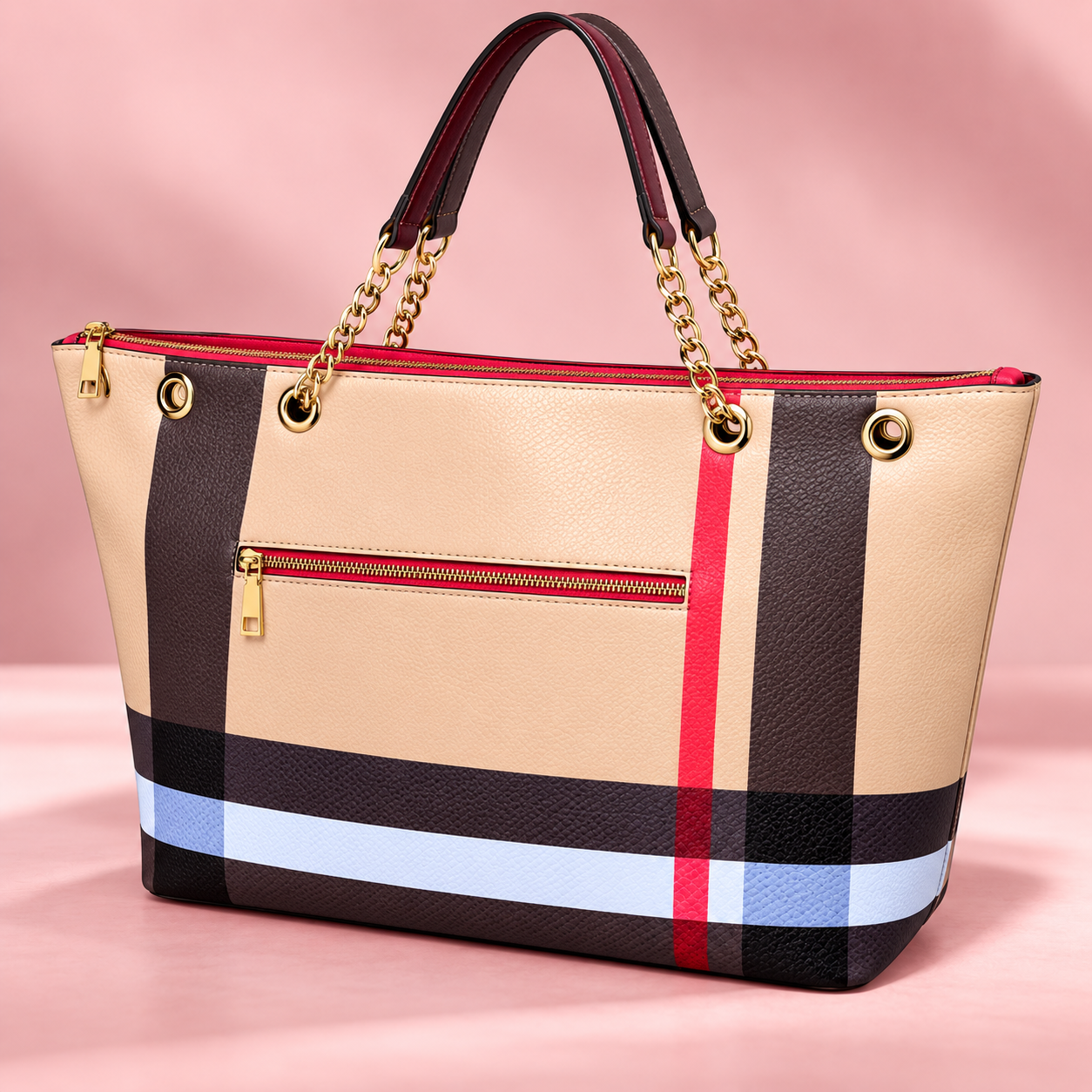 Tan plaid tote with black red and blue stripes and gold chain handles