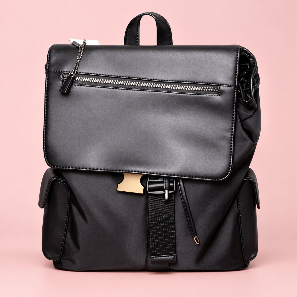 Black fashion backpack with gold buckle and zipper details