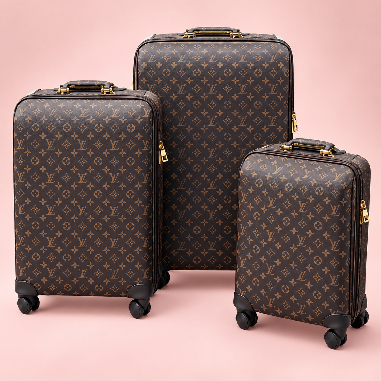 Three brown monogram rolling luggage cases