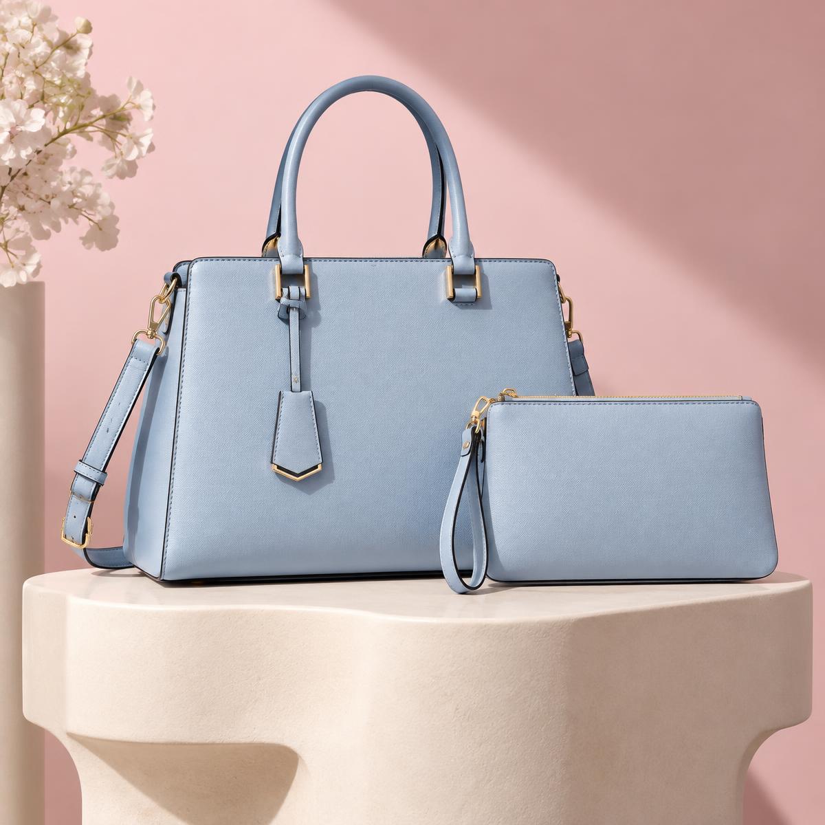 Light blue handbag and matching wristlet