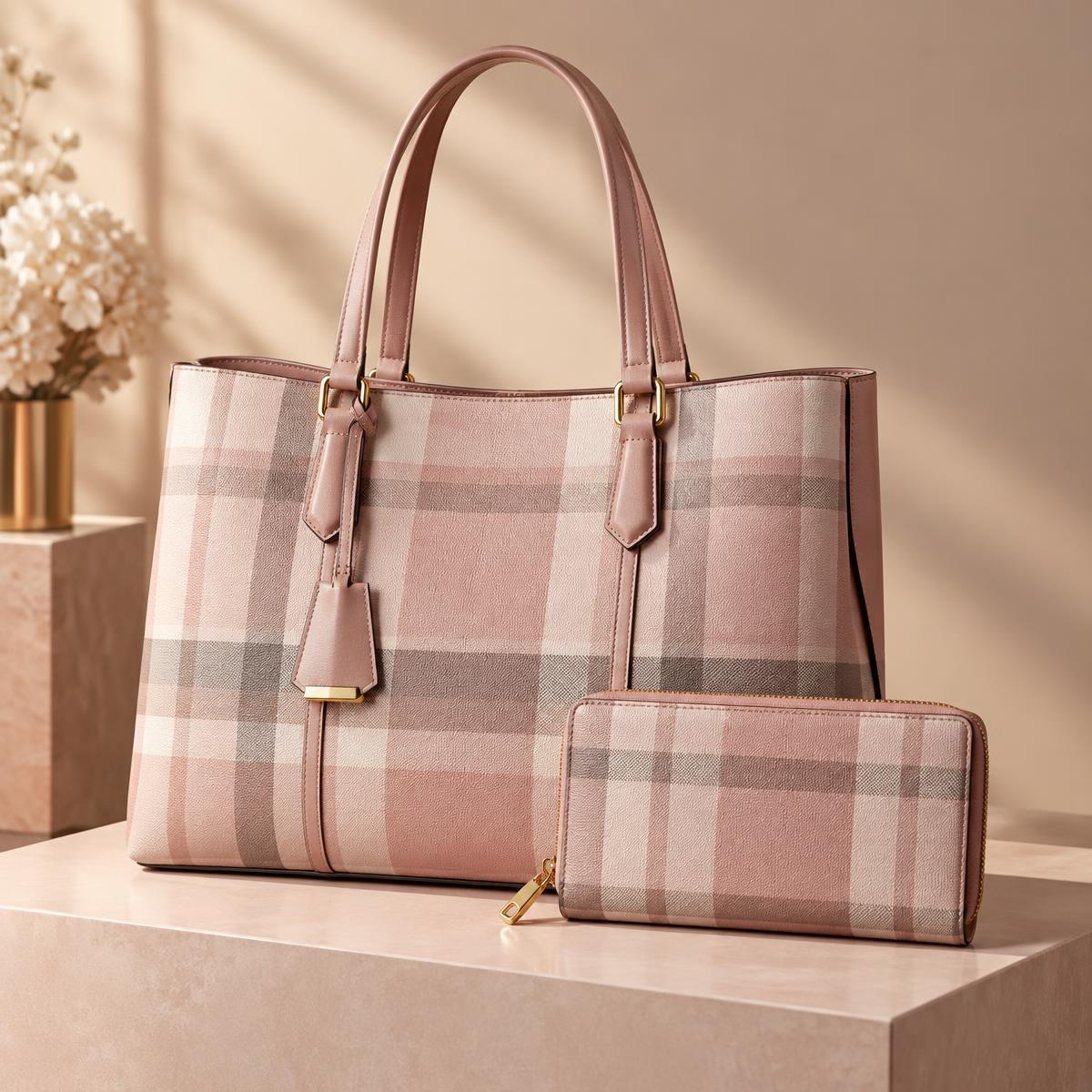 Blush plaid tote and wallet matching set